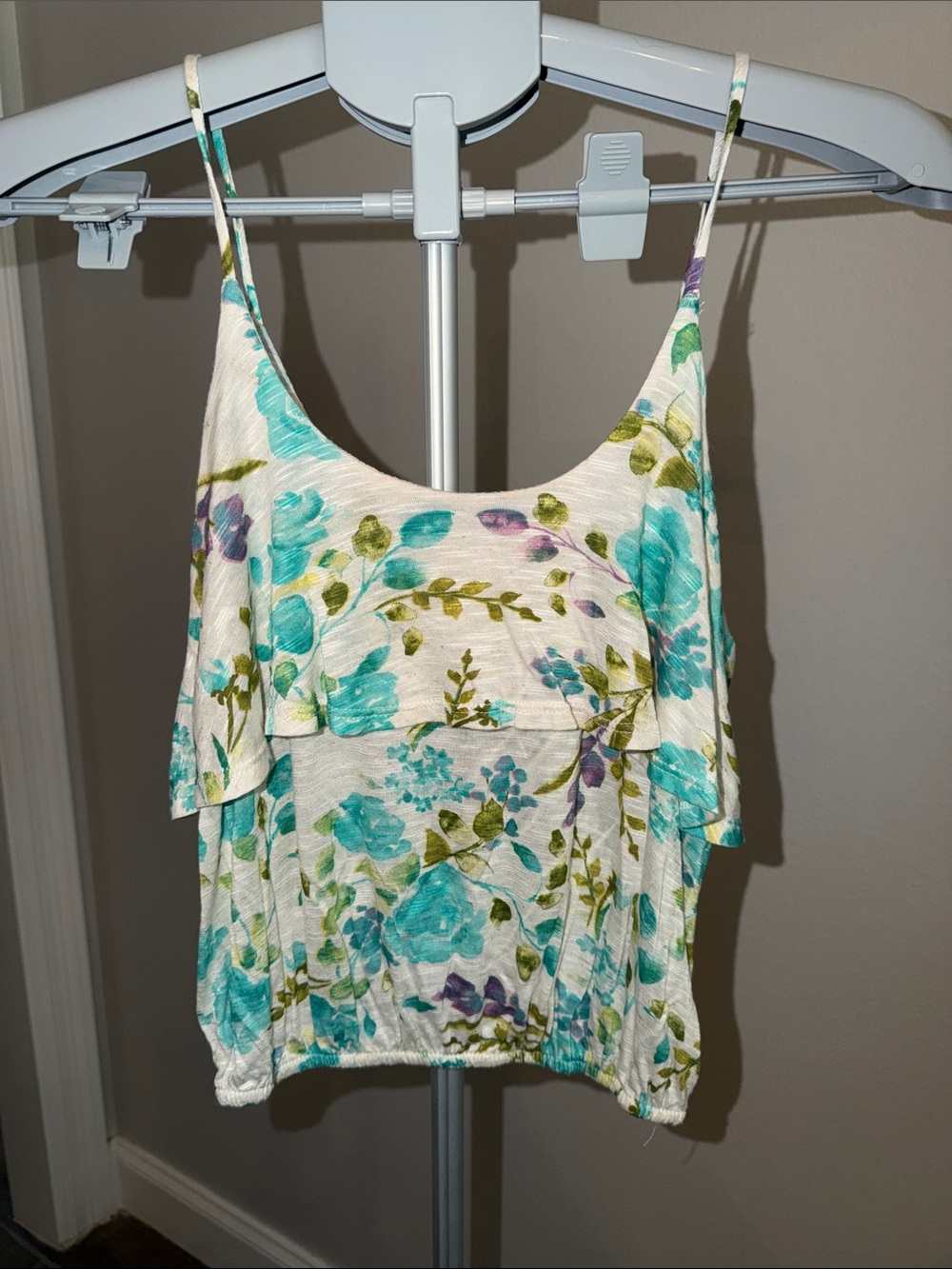 La Hearts Cream Floral Ruffle Tank with Turquoise and Green Accents